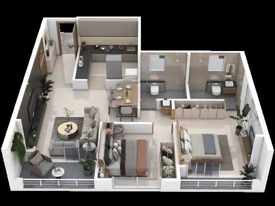 2 BHK apartment floor plan cut-section, Rivera Moshi