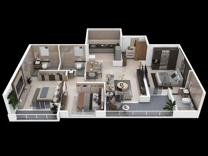 3 BHK apartment floor plan cut-section, Rivera Moshi