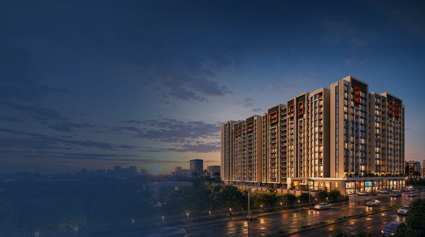 Rivera by Ekansh Buildcon — premium 2 and 3 BHK apartments in Moshi, Pune, night exterior view